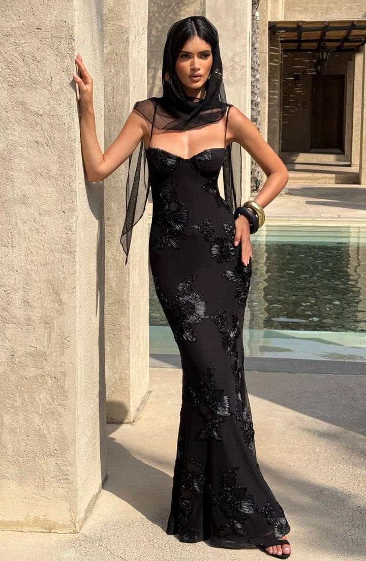 Women figure-hugging evening dress with floral pattern embroidery and high-quality fabric Mirla-Eva Jonsson
