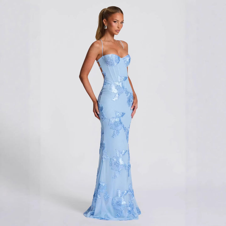 Women figure-hugging evening dress with floral pattern embroidery and high-quality fabric Mirla-Eva Jonsson