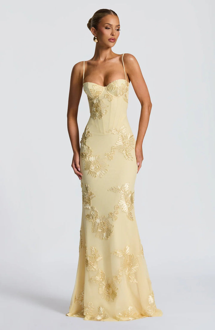 Women figure-hugging evening dress with floral pattern embroidery and high-quality fabric Mirla-Eva Jonsson