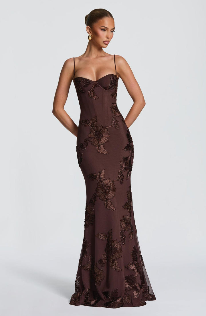 Women figure-hugging evening dress with floral pattern embroidery and high-quality fabric Mirla-Eva Jonsson