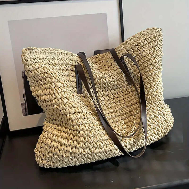 Woven Bag - Shopper Tote Bag i vävt tyg för kvinnor med läderremmar-Eva Jonsson