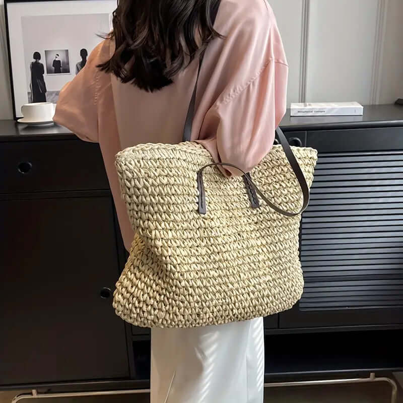 Woven Bag - Shopper Tote Bag i vävt tyg för kvinnor med läderremmar-Eva Jonsson