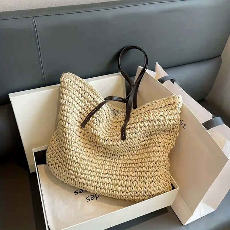Woven Bag - Shopper Tote Bag i vävt tyg för kvinnor med läderremmar-Eva Jonsson