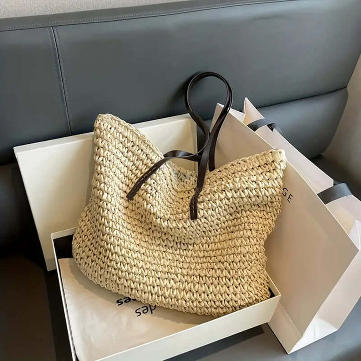 Woven Bag - Shopper Tote Bag i vävt tyg för kvinnor med läderremmar-Eva Jonsson