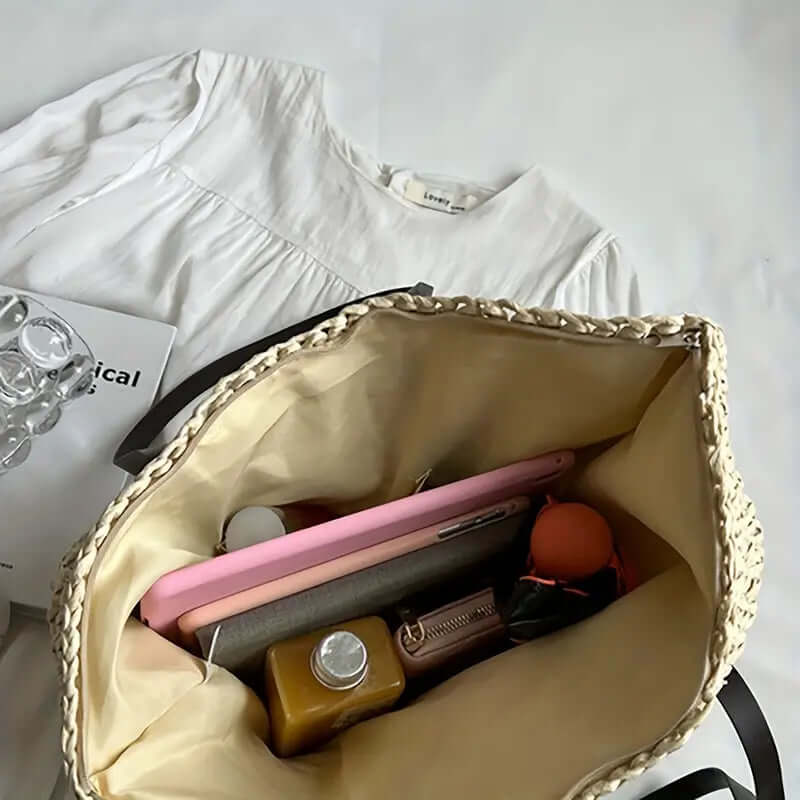 Woven Bag - Shopper Tote Bag i vävt tyg för kvinnor med läderremmar-Eva Jonsson
