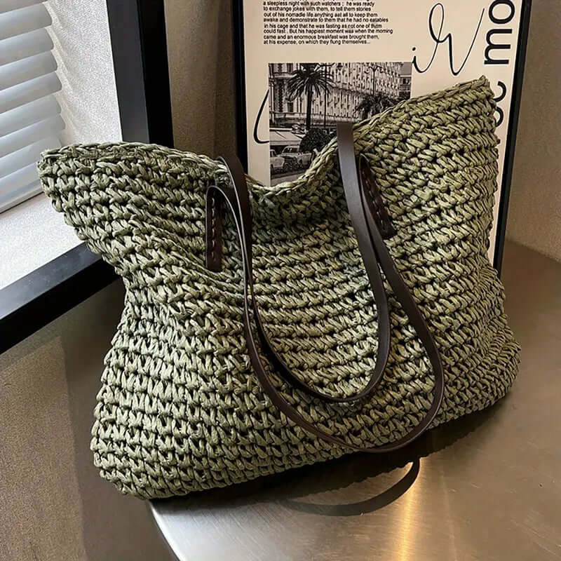 Woven Bag - Shopper Tote Bag i vävt tyg för kvinnor med läderremmar-Eva Jonsson