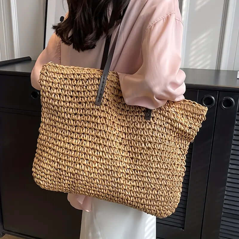 Woven Bag - Shopper Tote Bag i vävt tyg för kvinnor med läderremmar-Eva Jonsson