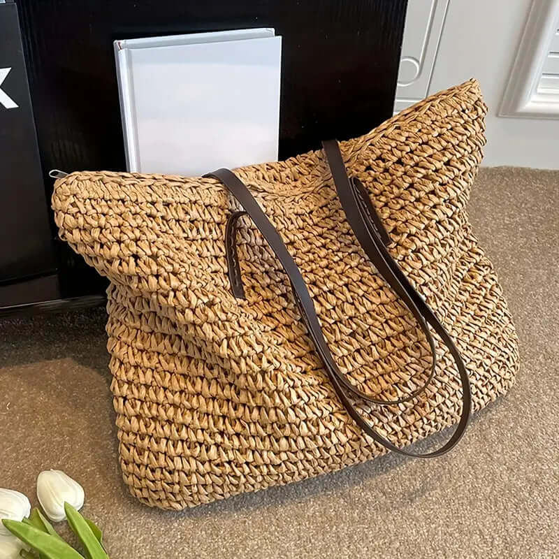 Woven Bag - Shopper Tote Bag i vävt tyg för kvinnor med läderremmar-Eva Jonsson