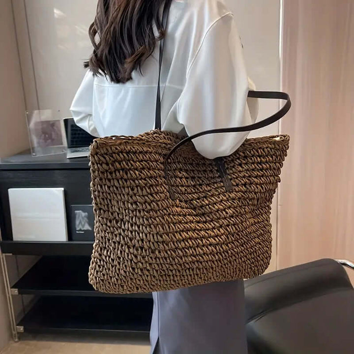 Woven Bag - Shopper Tote Bag i vävt tyg för kvinnor med läderremmar-Eva Jonsson