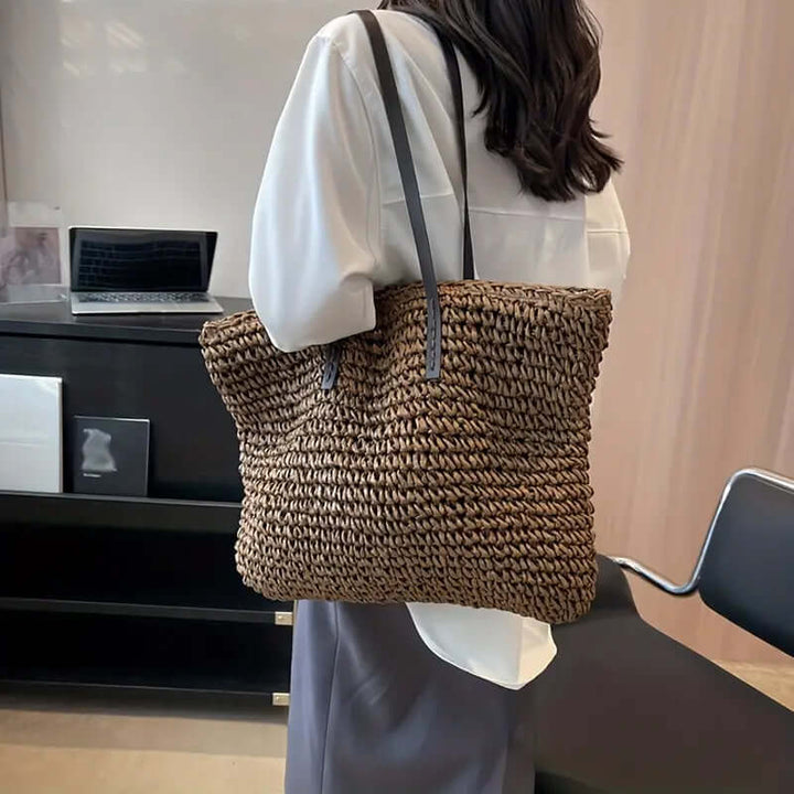 Woven Bag - Shopper Tote Bag i vävt tyg för kvinnor med läderremmar-Eva Jonsson
