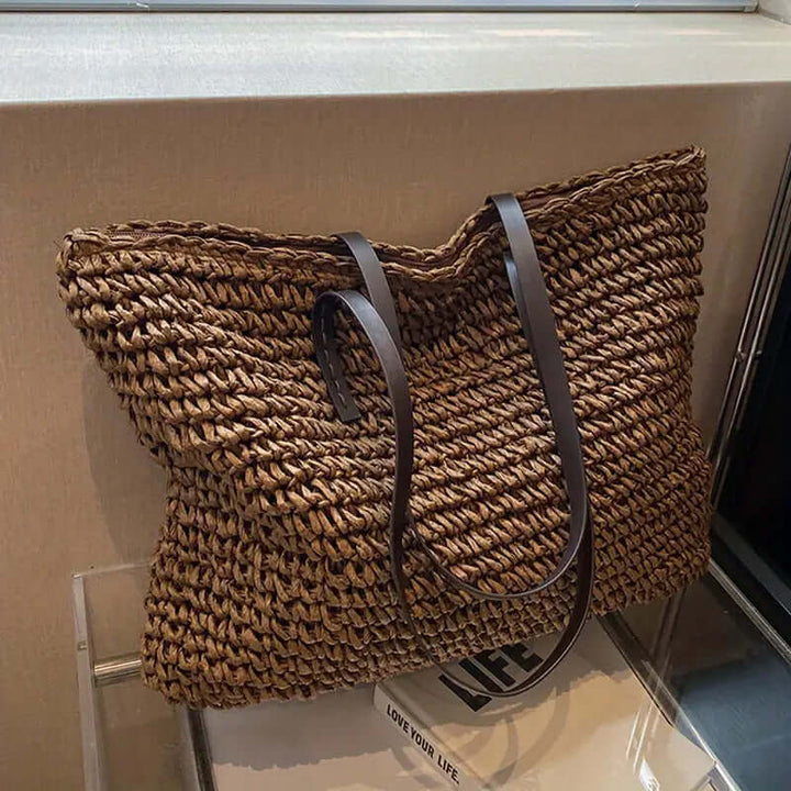 Woven Bag - Shopper Tote Bag i vävt tyg för kvinnor med läderremmar-Eva Jonsson