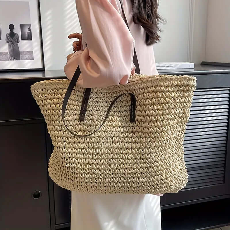 Woven Bag - Shopper Tote Bag i vävt tyg för kvinnor med läderremmar-Eva Jonsson