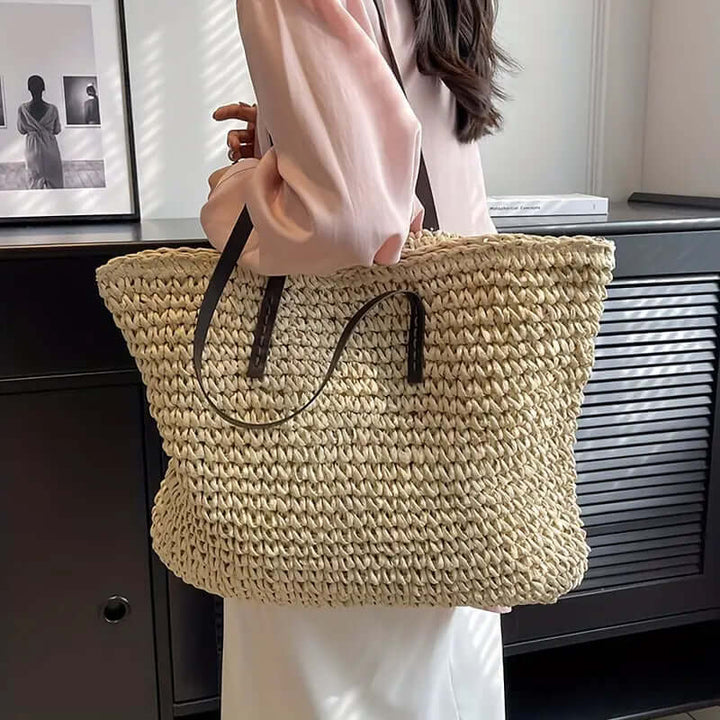 Woven Bag - Shopper Tote Bag i vävt tyg för kvinnor med läderremmar-Eva Jonsson