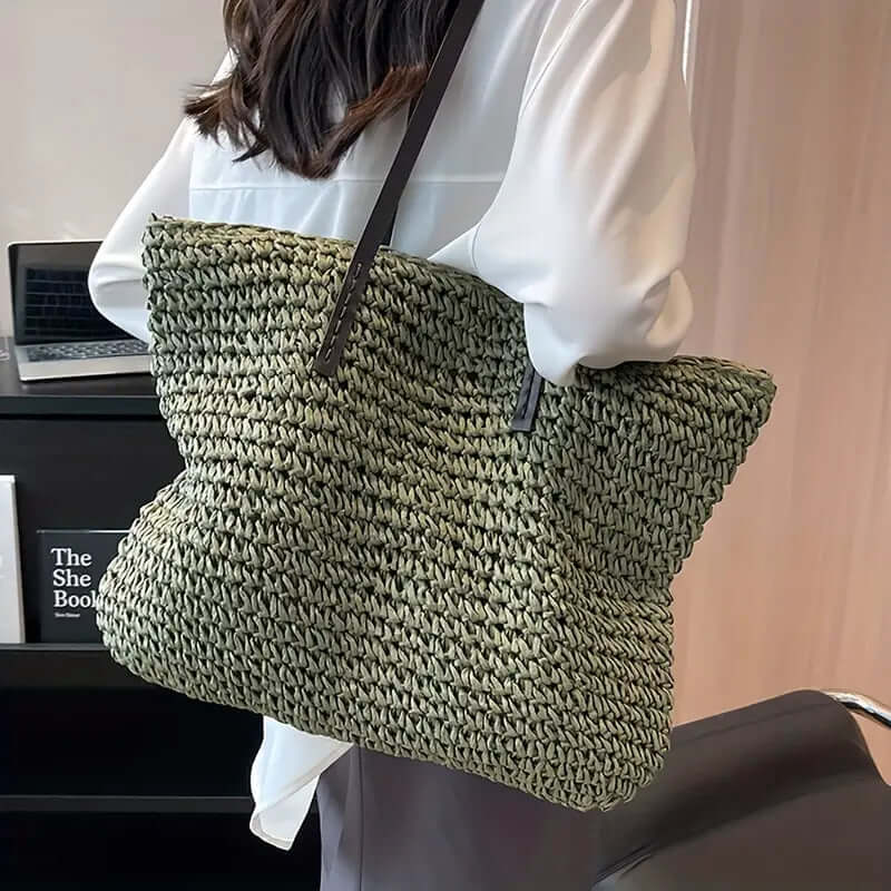 Woven Bag - Shopper Tote Bag i vävt tyg för kvinnor med läderremmar-Eva Jonsson