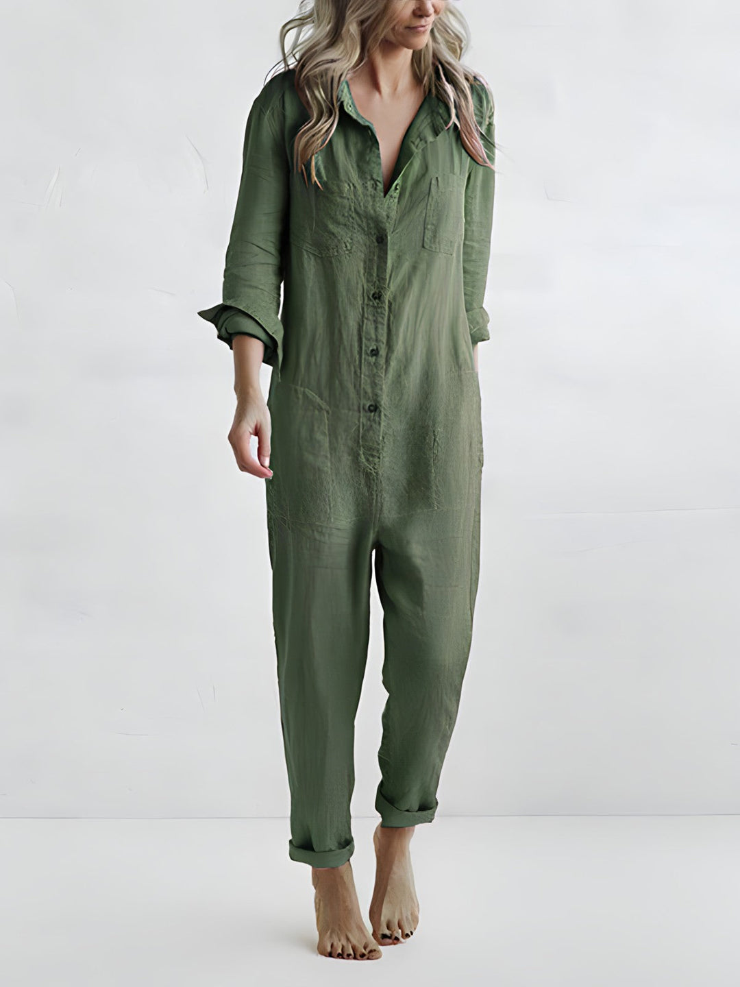 avslappnad jumpsuit - Långärmad, löst sittande jumpsuit med knappar-Eva Jonsson