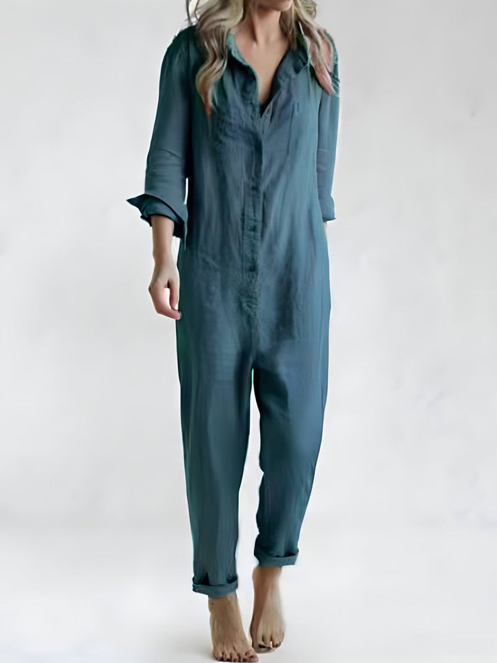 avslappnad jumpsuit - Långärmad, löst sittande jumpsuit med knappar-Eva Jonsson